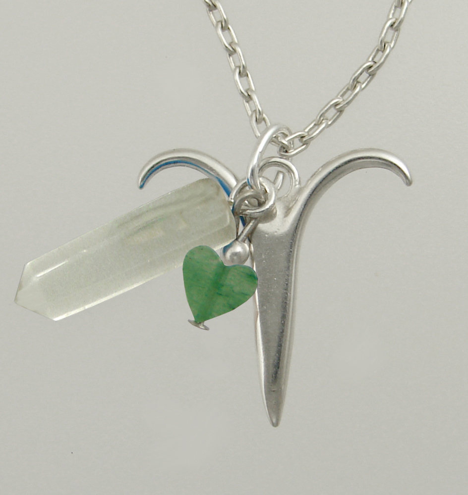 Sterling Silver Aries Pendant Necklace With an Clear Crystal And Green Heart